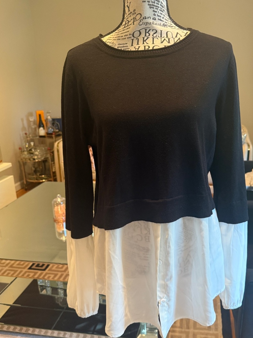 Milano Black Knit Pullover with White Shirt-Layer Hem